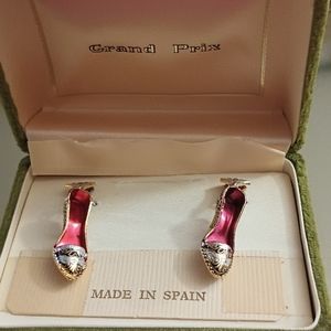 Rare vintage Grand Prix high heel gold and red clip on earrings from Spain.